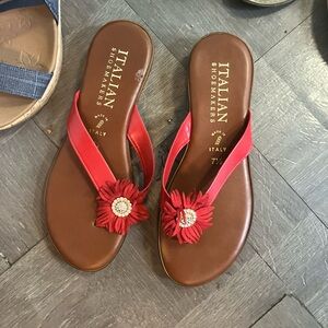 Italian Shoemakers Red Floral Sandals with Jewel Accent